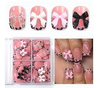 TESGADGETS 96-Piece Set of Artificial Fingernails in French Tip Design, Short Square Nails, Pink Leopard Print, Bow Charms and Manicure Decorations