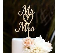 TESGADGETS Mr and Mrs Wooden Wedding Cake Topper, Heart Shape Between Initials Just Married Decoration for Engagement Anniversary Bridal Shower Party