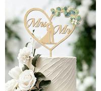 TESGADGETS Mr and Mrs Wooden Wedding Cake Topper with Green Leaf, Bride and Groom Figurine Ready to Use, Rustic Just Married Decoration for Wedding Engagement Party