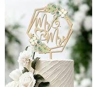 TESGADGETS Mr and Mrs Wooden Wedding Cake Topper with Green Leaf, Double Layer Diamond Shape Just Married Decoration for Engagement Anniversary Bridal Shower Party