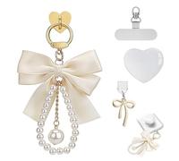 TESGADGETS Pearl Phone Charm Set with Heart Phone Grip, Bow Phone Chain, Bow Dust Plug Stopper, compatible with any Smartphone with Type-C Port, White