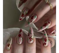 TESGADGETS Set of 24 Artificial Nails with Floral Pattern Medium Length Red with Glossy Almond Shape Full Coverage Reusable Acrylic for Women Valentine's Day