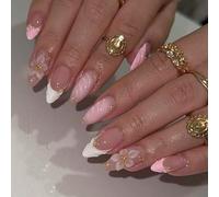 TESGADGETS Set of 24 elegant almond-shaped artificial nails in pink and white gradient adorned with 3D floral and pearl designs suitable for everyday and parties