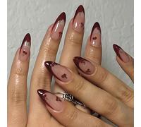 TESGADGETS Set of 24 Medium Almond Press-Ons, Burgundy French Tip Designs with Cherry Rhinestone Decor, Vintage Full Cover for Women and Girls, Nail Accessories