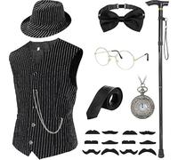 TESIN 1920s Men’s Gangster Costume Set, Roaring 20s Fancy Dress Outfit | With Vest and Accessories for Themed Parties, Halloween, Cosplay and Stage Shows, L