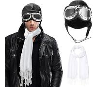 TESIN 3Pcs Aviator Costume Accessories Set, Pilot Fancy Dress Kit with Aviator Hat Goggles Scarf, Cosplay Outfit for Adults Halloween Dress up Party