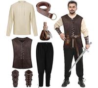 TESIN Men's Medieval Renaissance Costume Set - 6 Pcs Halloween Viking Outfit with Vest, Shirt, Ankle Banded Pants, Belt, Armband & Pouch (6, Medium)