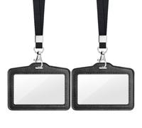Teskyer 2 Pack Double Sided Clear Badge Holders - Faux Leather with Nylon Lanyard, ID Card Holder for Work/Oyster Card/Bus Pass, Business & Events, Horizontal (Black)