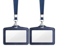 Teskyer 2 Pack Double Sided Clear Badge Holders - Faux Leather with Nylon Lanyard, ID Card Holder for Work/Oyster Card/Bus Pass, Business & Events, Horizontal (Blue)