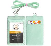 Teskyer Card Holder with Lanyard, ID Badge Holder, Oyster Card Holder, Bus Pass Holder, with Clear Window, Holding 2 Cards, PU Leather, Aqua Green