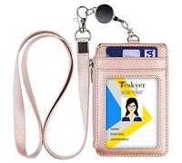 Teskyer Card Holder with Retractable Lanyard, Badge Holder with Zipper Pocket and Holds 4 Cards, Vertical Card Holder with Clear Window, PU Leather, Rose Gold