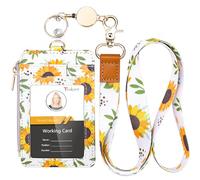 Teskyer Retractable Sunflower Lanyard with Card Holder, Badge Holder with Zipper Pocket, Holds 4 Cards, with Clear Window, PU Leather, Vertical, Sunflower