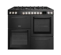 Tesla Dual Fuel Cooker - Freestanding Black, A/A/A Energy, 7-Burner Gas Hob, 100cm Double Cavity, 62L & 62L Ovens, Easy Clean Enamel, LED Timer, (T100MCDFRCB)