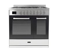 Tesla Dual Fuel Cooker - Freestanding, A/A Energy, 5-Burner Gas Hob, 90cm Double Cavity, 63L & 36L Ovens, Easy Clean Enamel, LED Timer, (T90DDFRCB) (Stainless Steel)