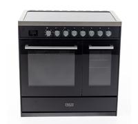 Tesla Electric Cooker - Freestanding Black, A/A Energy, 5-Zone Ceramic Hob, 90cm Double Cavity, 63L & 36L Ovens, Easy Clean Enamel, LED Timer, (T90DCRCB)