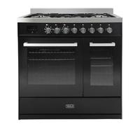 Tesla Dual Fuel Cooker - Freestanding, A/A Energy, 5-Burner Gas Hob, 90cm Double Cavity, 63L & 36L Ovens, Easy Clean Enamel, LED Timer, (T90DDFRCB) (Black)