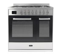 Tesla Dual Fuel Cooker - Freestanding, A/A Energy, 5-Burner Gas Hob, 90cm Double Cavity, 63L & 36L Ovens, Easy Clean Enamel, LED Timer, (T90DDFRCB) (Stainless Steel)