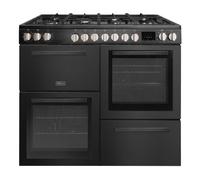 Tesla Dual Fuel Cooker - Freestanding Black, A/A/A Energy, 7-Burner Gas Hob, 100cm Double Cavity, 62L & 62L Ovens, Easy Clean Enamel, LED Timer, (T100MCDFRCB)