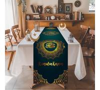 Teslite Eid Mubarak Table Runner, Green Gold Ramadan Runner 72 Inches, Decorations Cloth Cover for Home Dining Islamic Happy Festival Party Decor Supplies