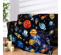 Teslite Space Blankets for Kids Boys Soft Galaxy Astronaut Outer Gifts Fluffy Plush Throw Cozy Rocket Solar System Planet Fuzzy Flannel Blanket Teens Sofa Couch Decor, 130 x 152 cm, Space - Blue