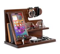 Teslyar Dad Gifts Wood Phone Docking Station - Nightstand Organiser with Key Holder, Wallet & Watch Stand, Wooden Desk Organizer Phone Dock, Birthday Anniversary Husband Men Gifts (Brown)