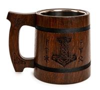 Teslyar Viking Beer Mug Tankard for Men - 0.6 liters 20 Ounces Handmade Oak Wood Stainless Steel Cup Authentic Design Xmas Gift | Birthday Gift|Gifts for Men Father's Day Gift (Thors Hammer)