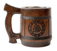 Teslyar Viking Beer Mug Tankard - Handmade Oak Wood & Stainless Steel Cup, 600 ml Authentic Viking Mug, Wooden Beer Stein, Medieval Style Drinkware, Men’s Gift, Father’s Day or Birthday (Odin's Sign)