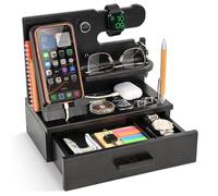 Teslyar Wood Phone Docking Station with Drawer - Solid Ash Desk & Nightstand Organiser, Phone Charging Stand, Bedside Phone Holder, Valet Tray for Wallet Watch Keys Glasses, Men & Women Gift (Black)