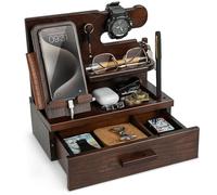 Teslyar Wood Phone Docking Station with Drawer - Solid Ash Desk & Nightstand Organiser, Phone Charging Stand, Bedside Phone Holder, Valet Tray for Wallet Watch Keys Glasses, Men & Women Gift (Walnut)