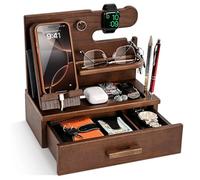 Teslyar Wood Phone Docking Station with Drawer - Solid Ash Desk & Nightstand Organiser, Phone Charging Stand, Bedside Phone Holder, Valet Tray for Wallet Watch Keys Glasses, Men & Women Gift (Brown)