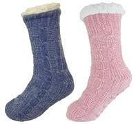Tesmark 2 X Ladies Sherpa Lined Chenille Bed Socks for Women Thermal Knitted Warm Lounge Wear Women Rubber Grips Slipper Socks (1 Pink/1 Lilac, 4-7)