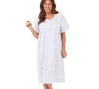 Tesmark Womens Nightwear Cotton Floral Print Short Sleeve Front Button Opening Ladies Nighties with Lace - Leaf Design Nightdresses for Women UK Size 10-30 MN11 (Blue Leaf, 10-12)