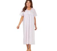Tesmark Womens Nightwear Cotton Floral Print Short Sleeve Front Button Opening Ladies Nighties with Lace,Leaf Design Long Lenght Nightdresses for Women UK Size 10-30 MN145 (Pink Leaf, 20-22)
