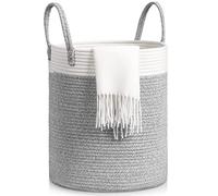 Tesmien Laundry Basket, Toy Storage Basket for Kids Baby, Large Foldable Woven Storage Baskets Cotton Rope Blanket Baskets with Handle,Organiser Nursery Decor Laundry Hamper, Grey+White (35x40cm)