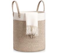 Tesmien Laundry Basket, Toy Storage Basket for Kids Baby, Large Foldable Woven Storage Baskets Cotton Rope Blanket Baskets with Handle,Organiser Nursery Decor Laundry Hamper, Khaki+White (35x40cm)