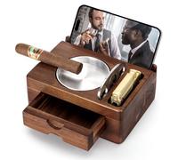 Tesonway Cigar Ashtray - Wooden Ashtray with Cigar Cutter, Phone/Tablet Holder, Accessories Drawer and Lighter Slot - Home Bar & Outdoor Ashtray - Great Gift for Men