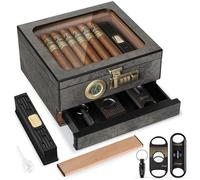 Tesonway Cigar Humidor,Cedar Wood Humidor Cigar Box,Glass Top Desktop Humidor with Digital Thermo-Hygrometer, Humidifier, Divider, Accessories Drawer and Combination Lock,Cigar Gift for Men