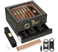 Tesonway Cigar Humidor,Cedar Wood Humidor Cigar Box,Glass Top Desktop Humidor with Digital Thermo-Hygrometer,Humidifier,Divider,Accessories Drawer and Combination Lock,Cigar Gift for Men(Dark Gray)