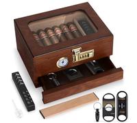 Tesonway Cigar Humidor, Cedar Wood Humidor Cigar Box, Glass Top Desktop Humidor with Front Hygrometer, Humidifier, Divider, Accessories Drawer and Combination Lock, Cigar Gifts for Men (Brown)