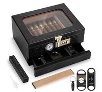 Tesonway Cigar Humidor, Cedar Wood Humidor Cigar Box, Glass Top Desktop Humidor with Front Hygrometer, Humidifier, Divider, Accessories Drawer and Combination Lock, Holds 20-35 Cigars