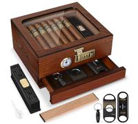 Tesonway Cigar Humidor, Cedar Wood Humidor Cigar Box, Glass Top Desktop Humidor with Front Hygrometer, Humidifier, Divider, Accessories Drawer and Combination Lock, Cigar Gifts for Men (Brown)