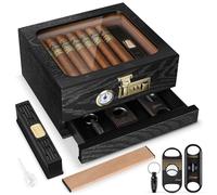 Tesonway Cigar Humidor, Cedar Wood Humidor Cigar Box, Glass Top Desktop Humidor with Front Hygrometer, Humidifier, Divider, Accessories Drawer and Combination Lock, Holds 20-35 Cigars