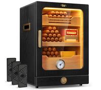 Tesonway Cigar Humidor, Desktop Cigar Humidor Cabinet Light Control System with Spanish Cedar Wood Shelves, Hygrometer, 3 Humidifiers and Cigar Accessories Drawer, Father's Day Gift for Men (Black)
