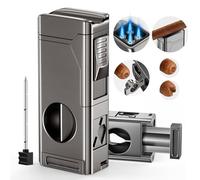 Tesonway Cigar Torch Lighter, 4 Jet Flame Cigar Lighter with Cigar Cutter V Cut Cigar Accessories Cigar Holder Cigar Punch Cigar Draw Enhancer, Windproof Refillable Butane Lighter, Cigar Gifts for Men