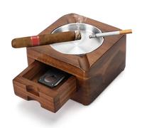 Tesonway Square Wooden Cigar Ashtray 4 Slots Cigar Ashtray with Cigar Accessories Drawer for Indoor Outdoor Patio Home Office Personalized Gift for Men