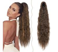 TESS 32 Inches Drawstring Ponytail Extension, Corn Curl Hair Pieces for Women, 155g Curly Ponytail Extension, Chestnut Brown With Golden Highlights