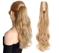 TESS Claw On Ponytail Extension Matte Material 18 Inch/45cm Curly Wavy Clip In Pony tail Synthetic Hairpiece, Blonde With Yellowish Gray
