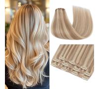 TESS Clip in Hair Extensions 100% Real Human Hair 3PCS 11Clips Straight Weft Multiple Uses Add Hair Volume and Highlights for Women UK - 14 inch - 1#12P613 Golden Brown & Bleach Blonde