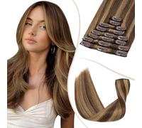 TESS Clip in Hair Extensions Real Human Hair 8 Pieces 18 Clips Natural Straight Handmade Seamless Instant Volume & Length for Women UK #4P27 Medium brown＆Dark blonde #18 inch 140g