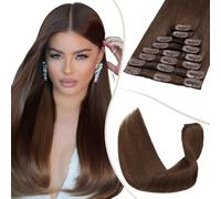 TESS Clip in Hair Extensions Real Human Hair 8 Pieces 18 Clips Natural Straight Handmade Seamless Instant Volume & Length for Women UK #04 Medium Brown #16 inch 130g